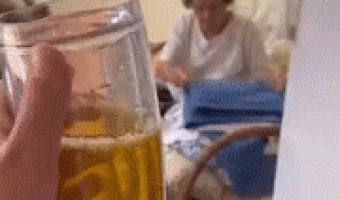Glass of beer prank with grandma